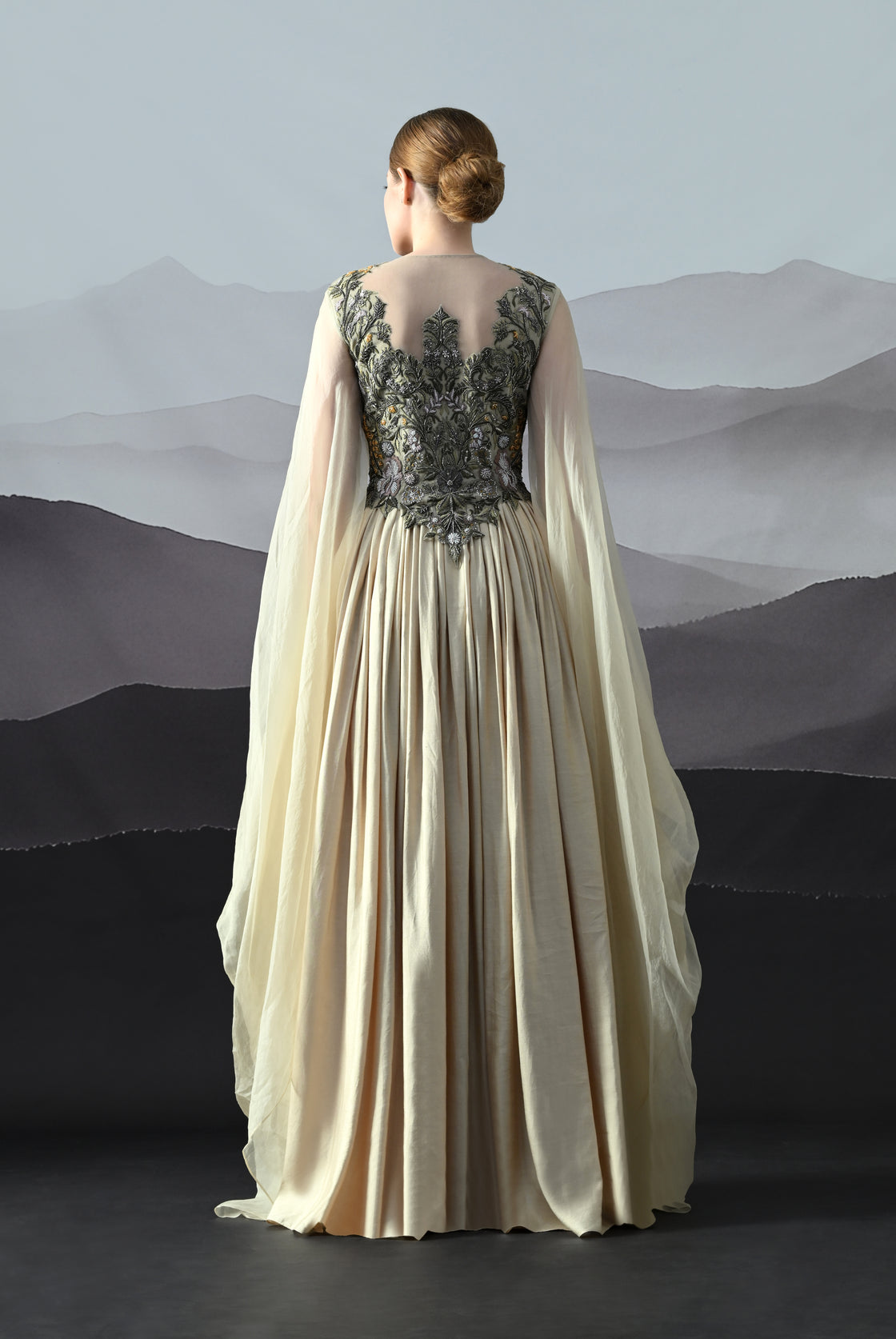 Beige Silhouette with Dense Handwork and Soft Draping