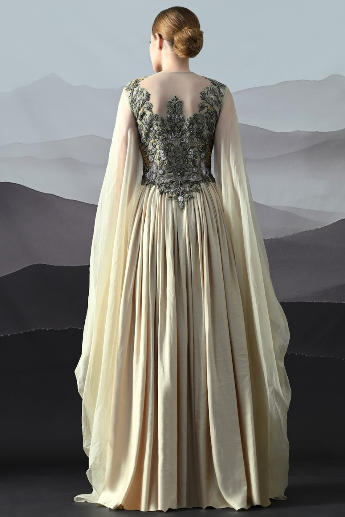 Beige Silhouette With Dense Embroidery And Soft Draping