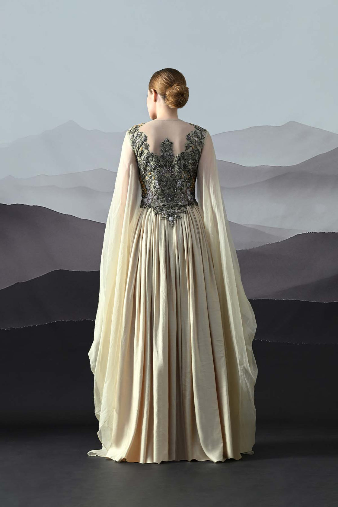 Beige Silhouette With Dense Embroidery And Soft Draping