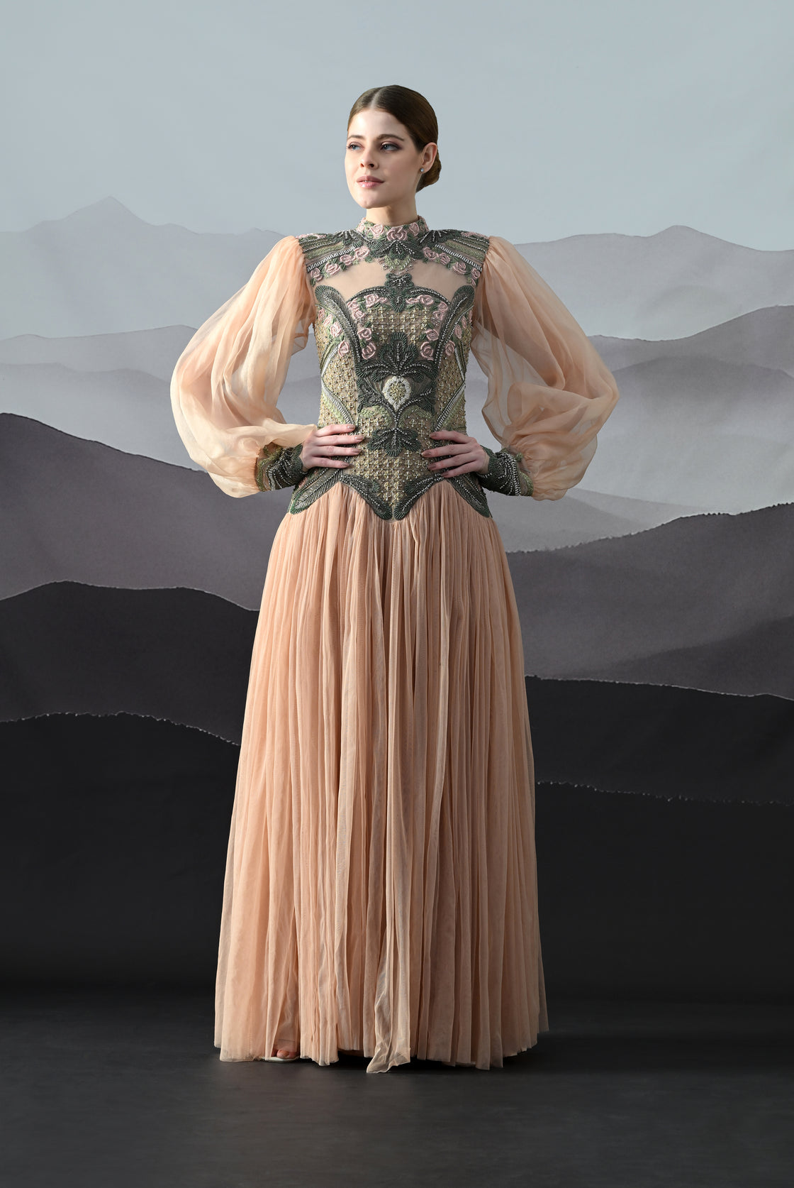Soft Peach Gown with Sculpted Corsetry and Artisanal Embroidery