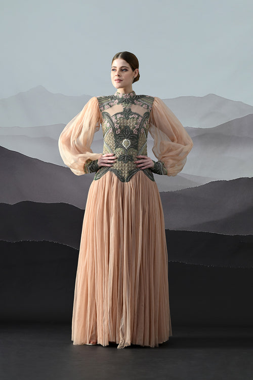 Soft Peach Gown With Sculpted Corsetry And Artisanal Embroidery