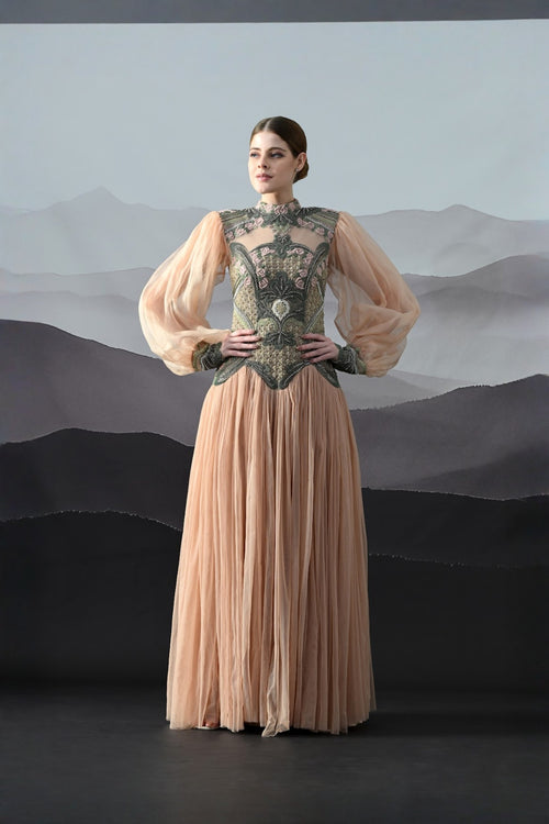 Soft Peach Gown With Sculpted Corsetry And Artisanal Embroidery