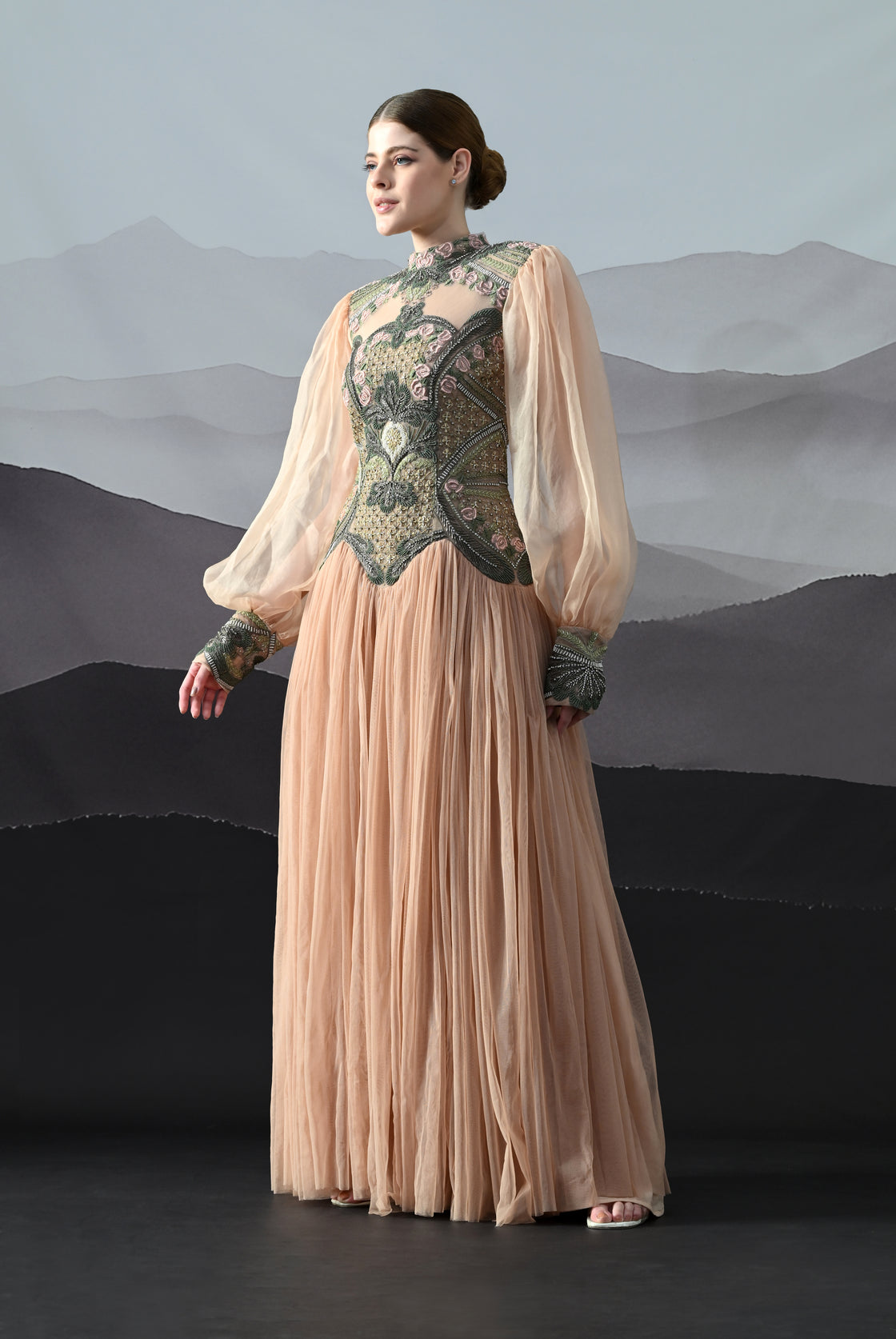 Soft Peach Gown with Sculpted Corsetry and Artisanal Embroidery