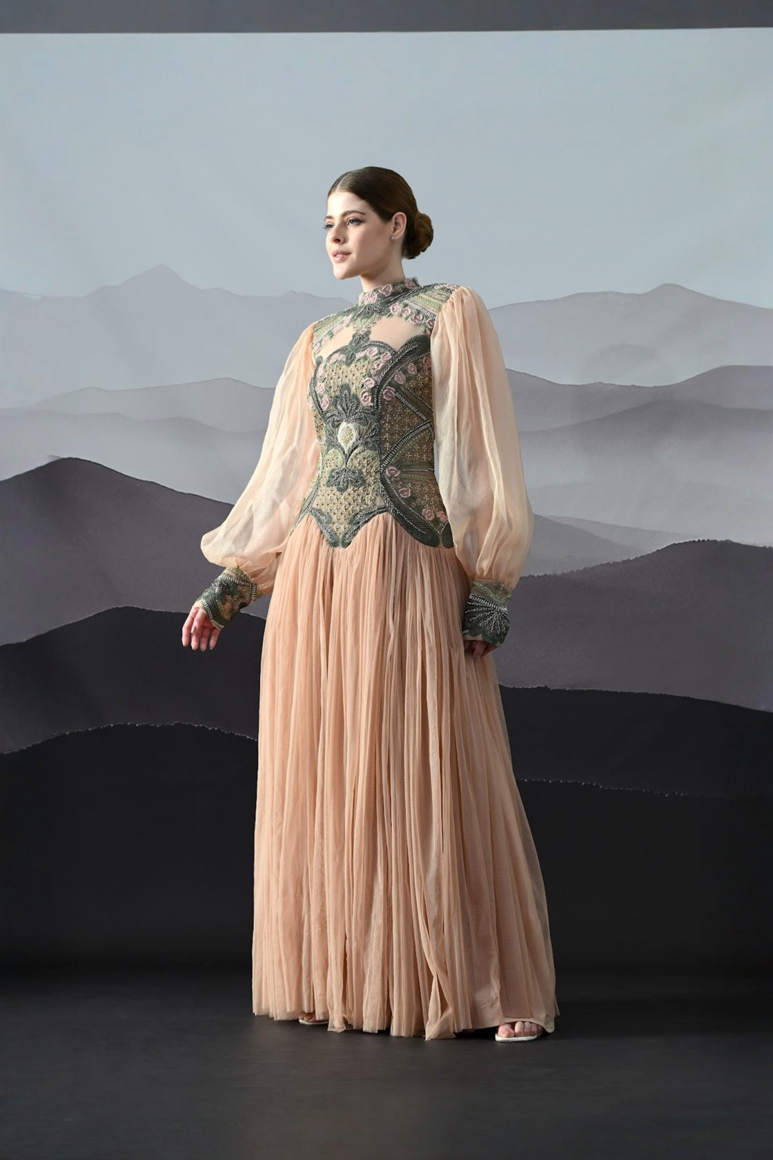 Soft Peach Gown With Sculpted Corsetry And Artisanal Embroidery