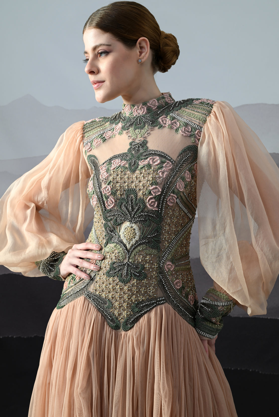 Soft Peach Gown with Sculpted Corsetry and Artisanal Embroidery