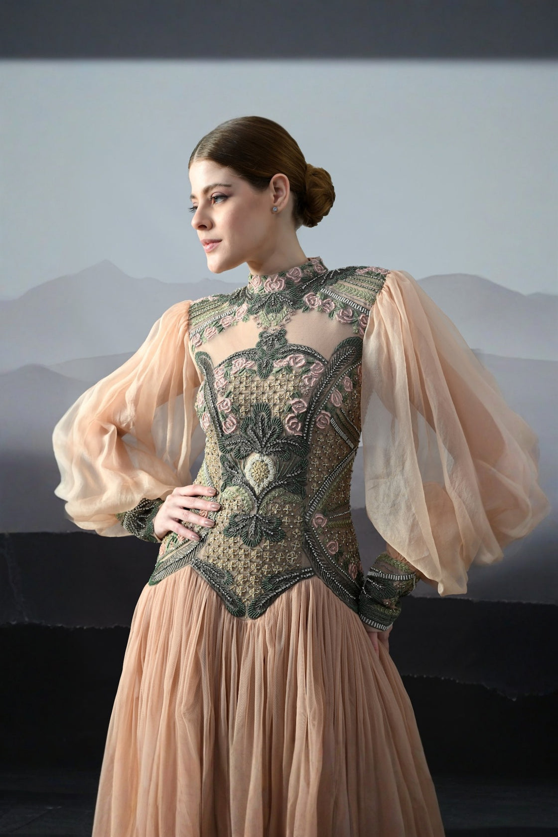 Soft Peach Gown With Sculpted Corsetry And Artisanal Embroidery