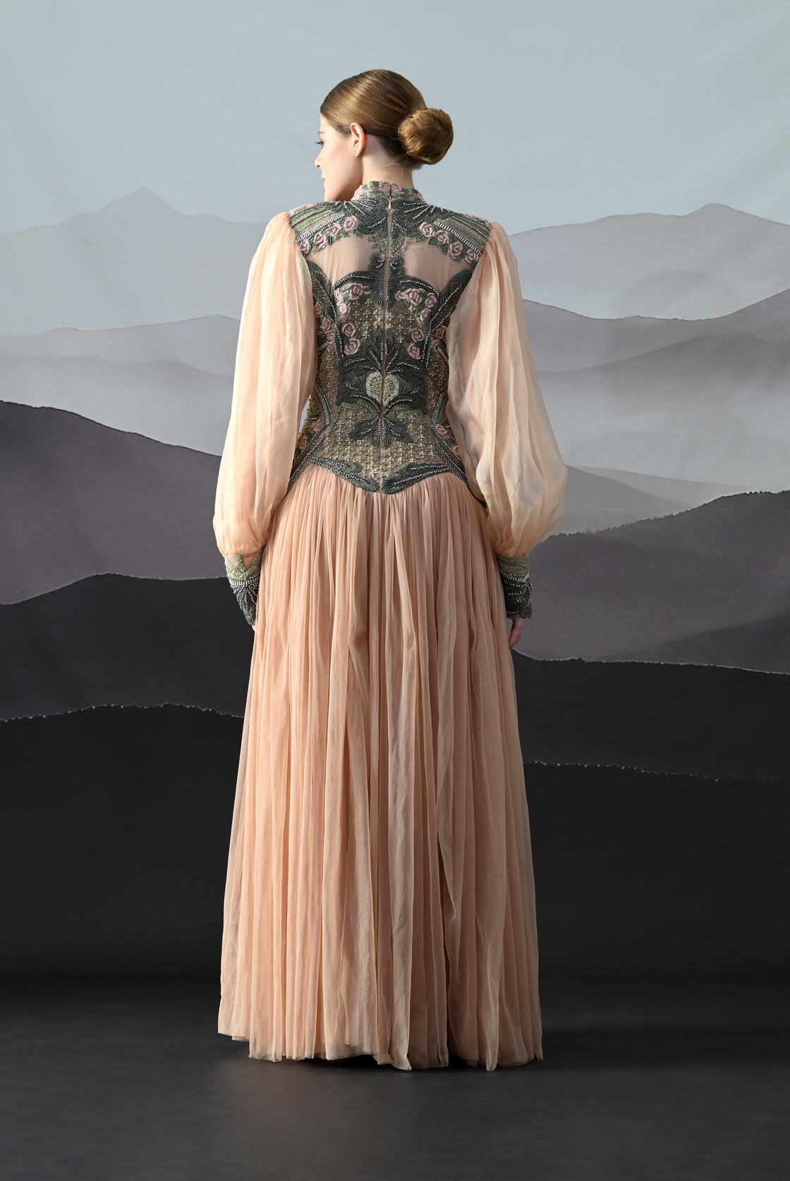 Soft Peach Gown with Sculpted Corsetry and Artisanal Embroidery