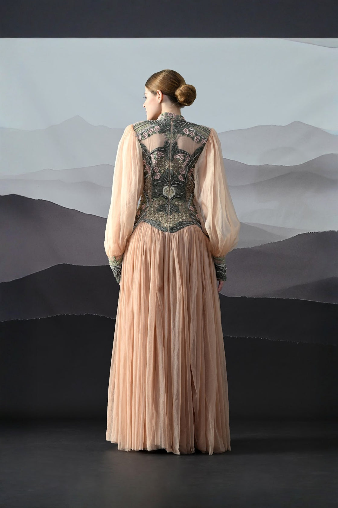 Soft Peach Gown With Sculpted Corsetry And Artisanal Embroidery
