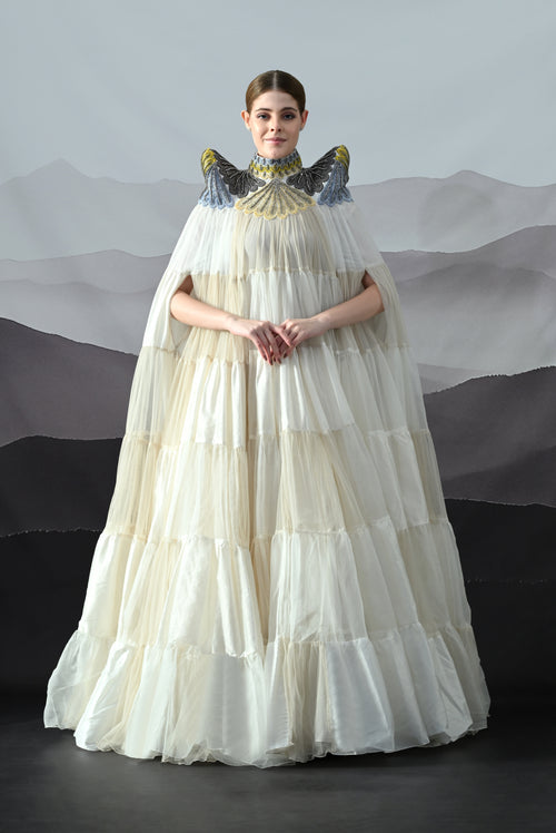 Ivory Gown Featuring Hand-Embroidered High Neck and Cascading Tiered Layers