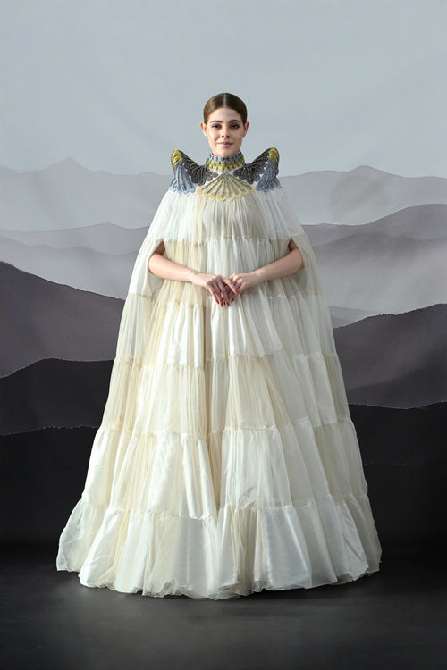 Ivory Dress Featuring Hand-Embroidered High Neck And Cascading Tiered Layers