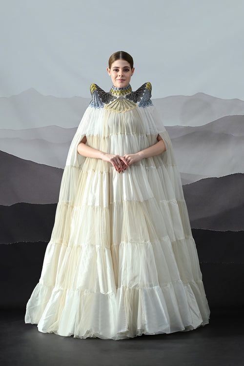 Ivory Dress Featuring Hand-Embroidered High Neck And Cascading Tiered Layers