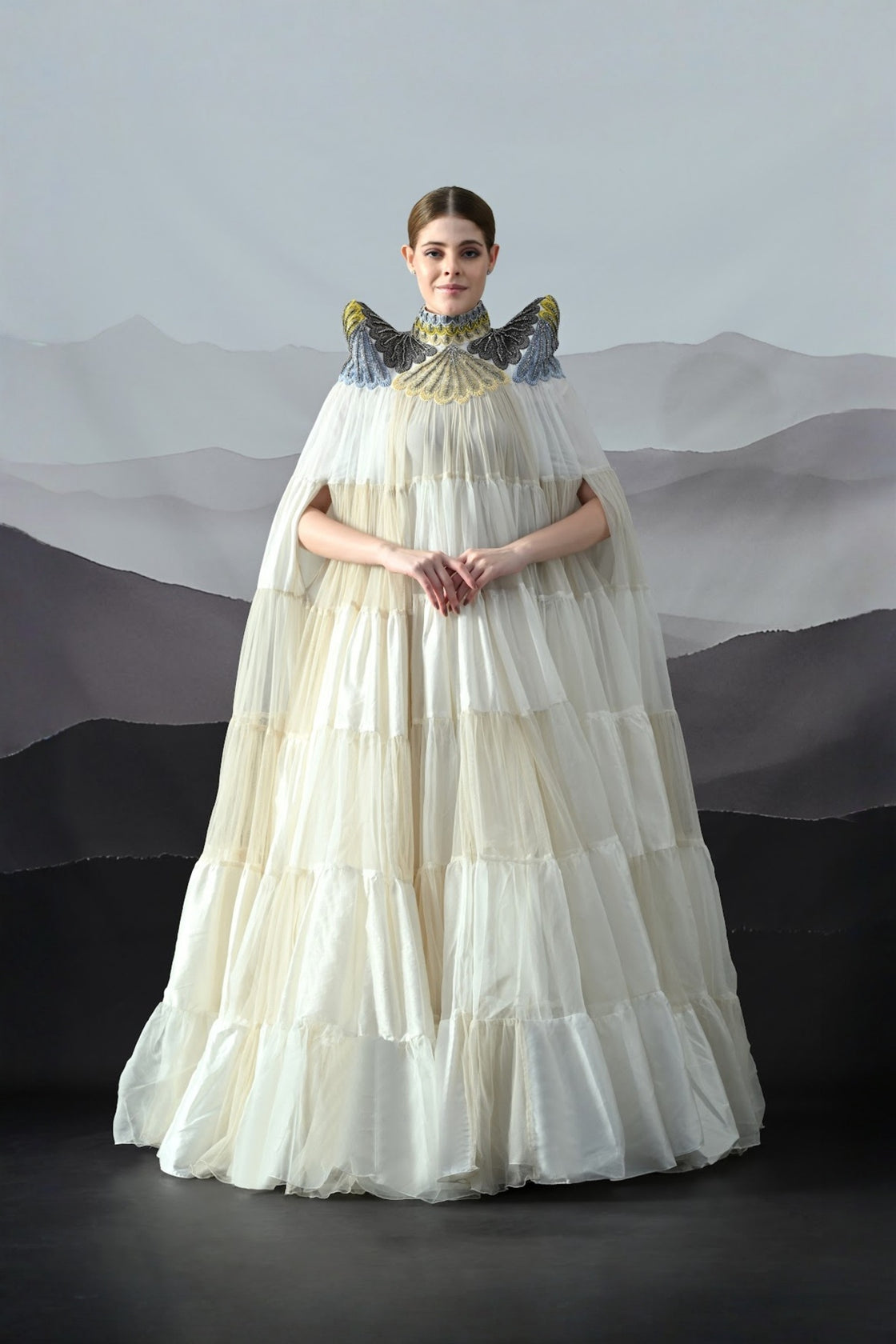 Ivory Dress Featuring Hand-Embroidered High Neck And Cascading Tiered Layers