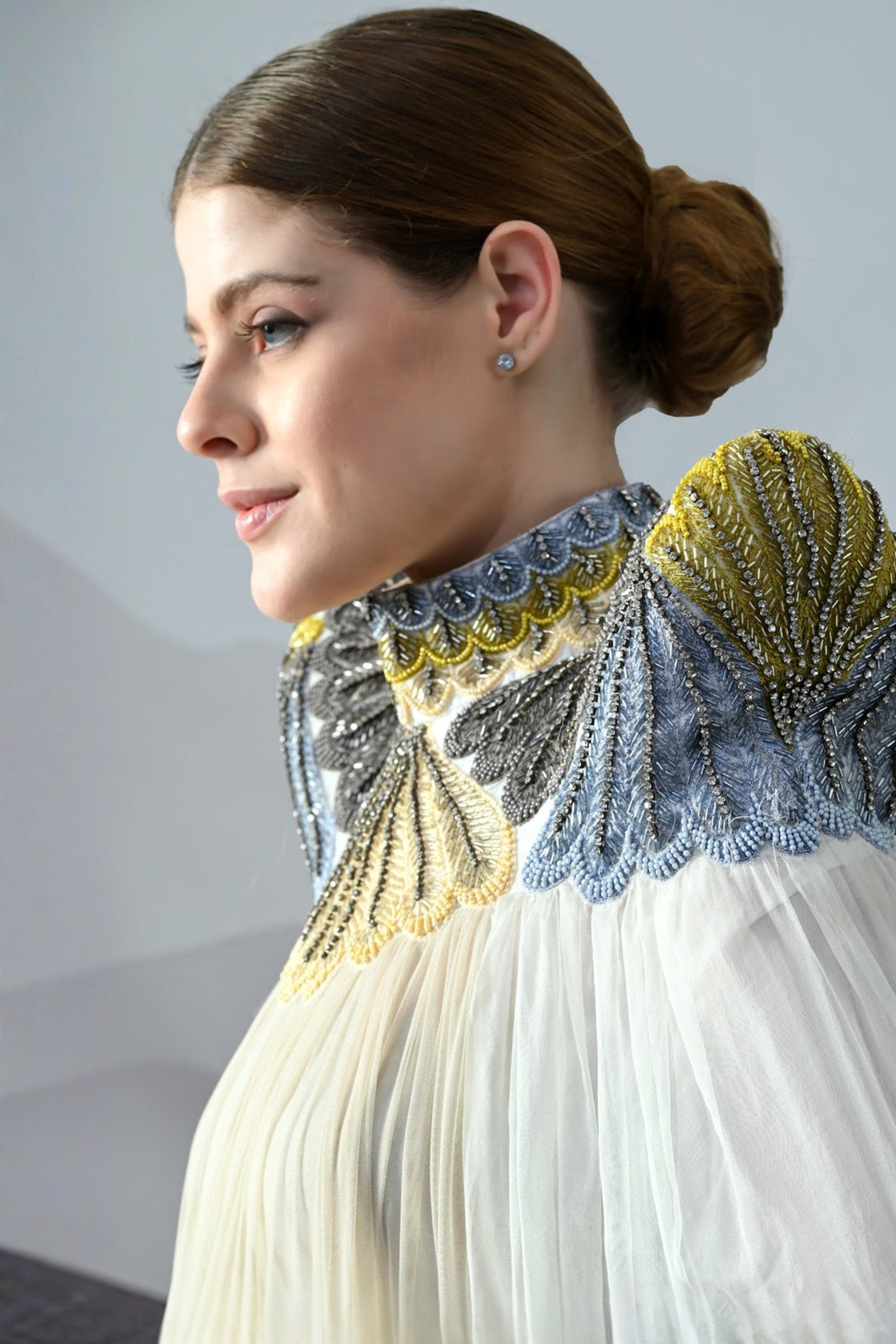 Ivory Dress Featuring Hand-Embroidered High Neck And Cascading Tiered Layers