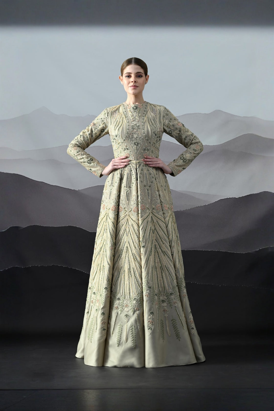 Grey Gown With Artisanal Hand Embroidery And Flared Hemline