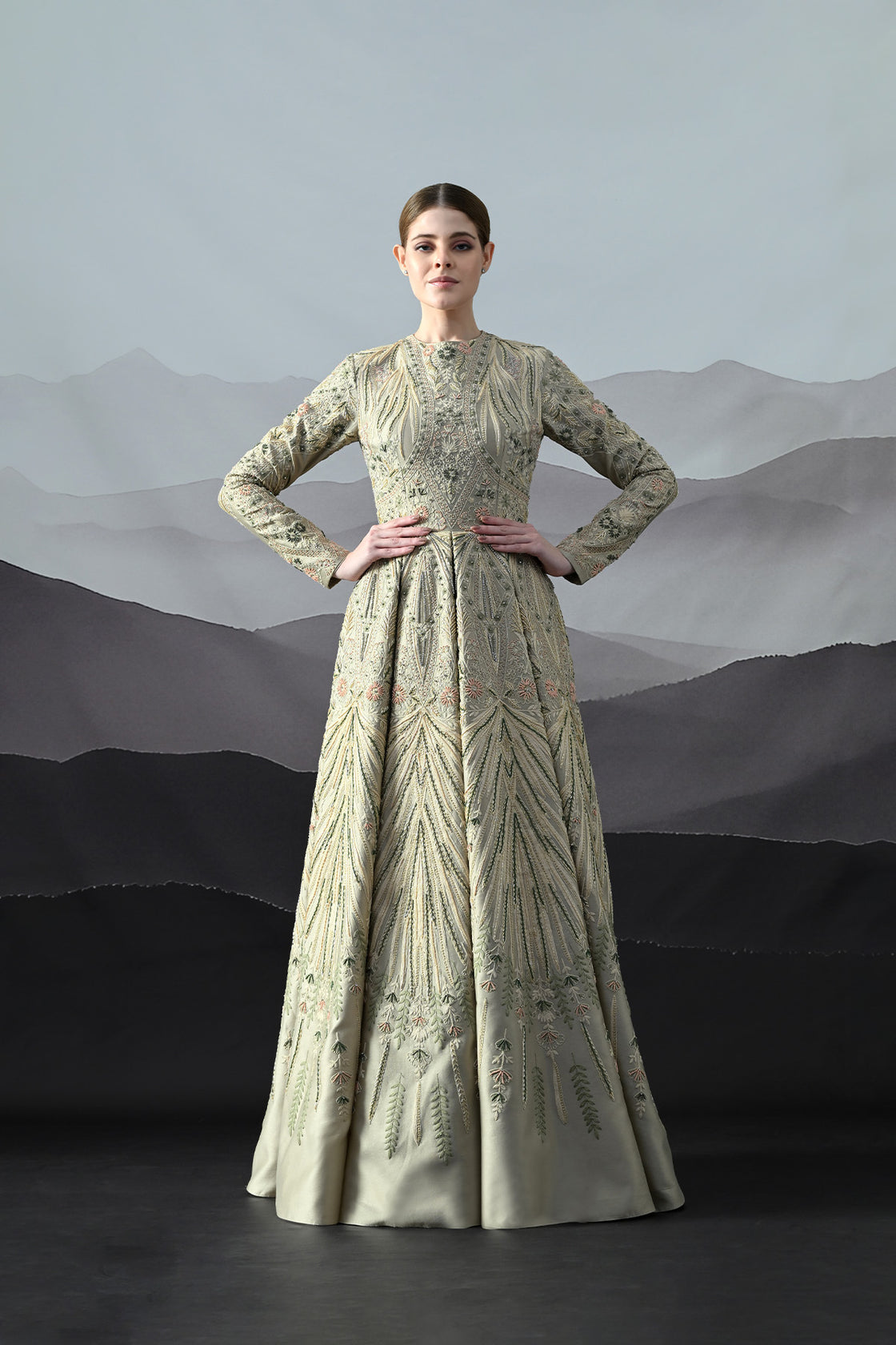 Grey Gown With Artisanal Hand Embroidery And Flared Hemline