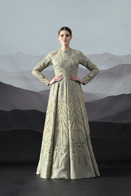 Grey Gown With Artisanal Hand Embroidery And Flared Hemline