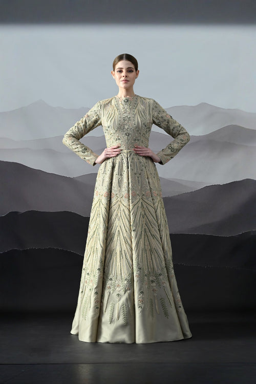 Grey Gown With Artisanal Hand Embroidery And Flared Hemline