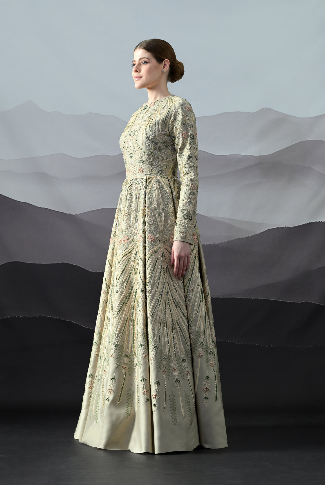 Grey Gown with Artisanal Hand Embroidery and Flared Hemline