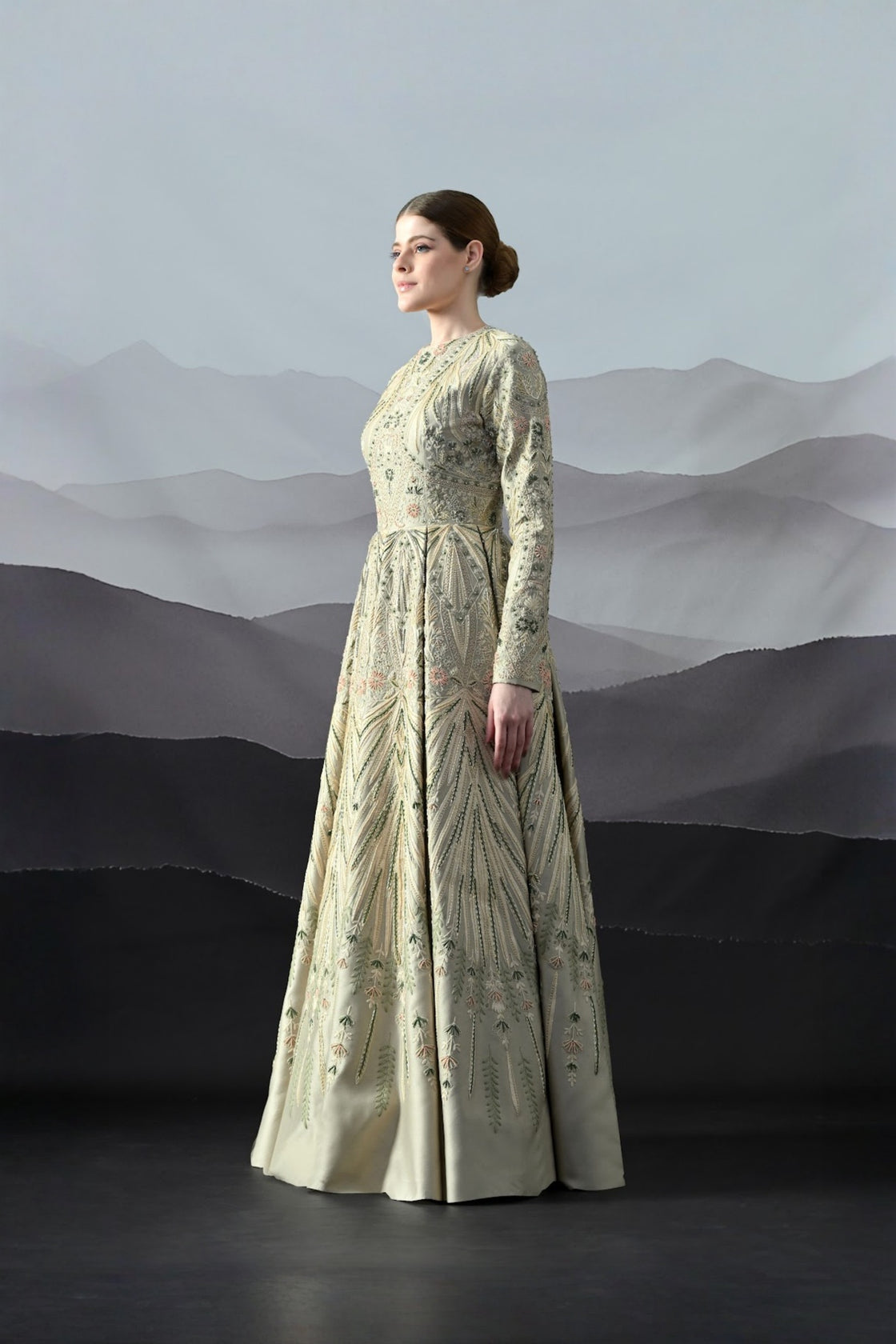 Grey Gown With Artisanal Hand Embroidery And Flared Hemline