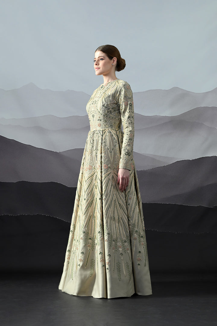 Grey Gown With Artisanal Hand Embroidery And Flared Hemline