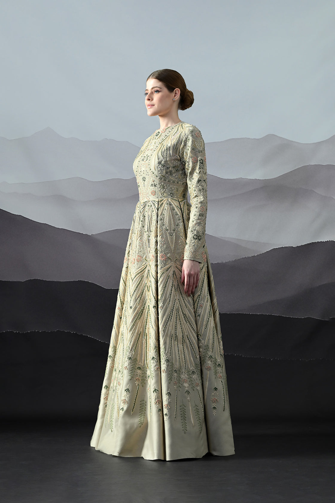 Grey Gown With Artisanal Hand Embroidery And Flared Hemline