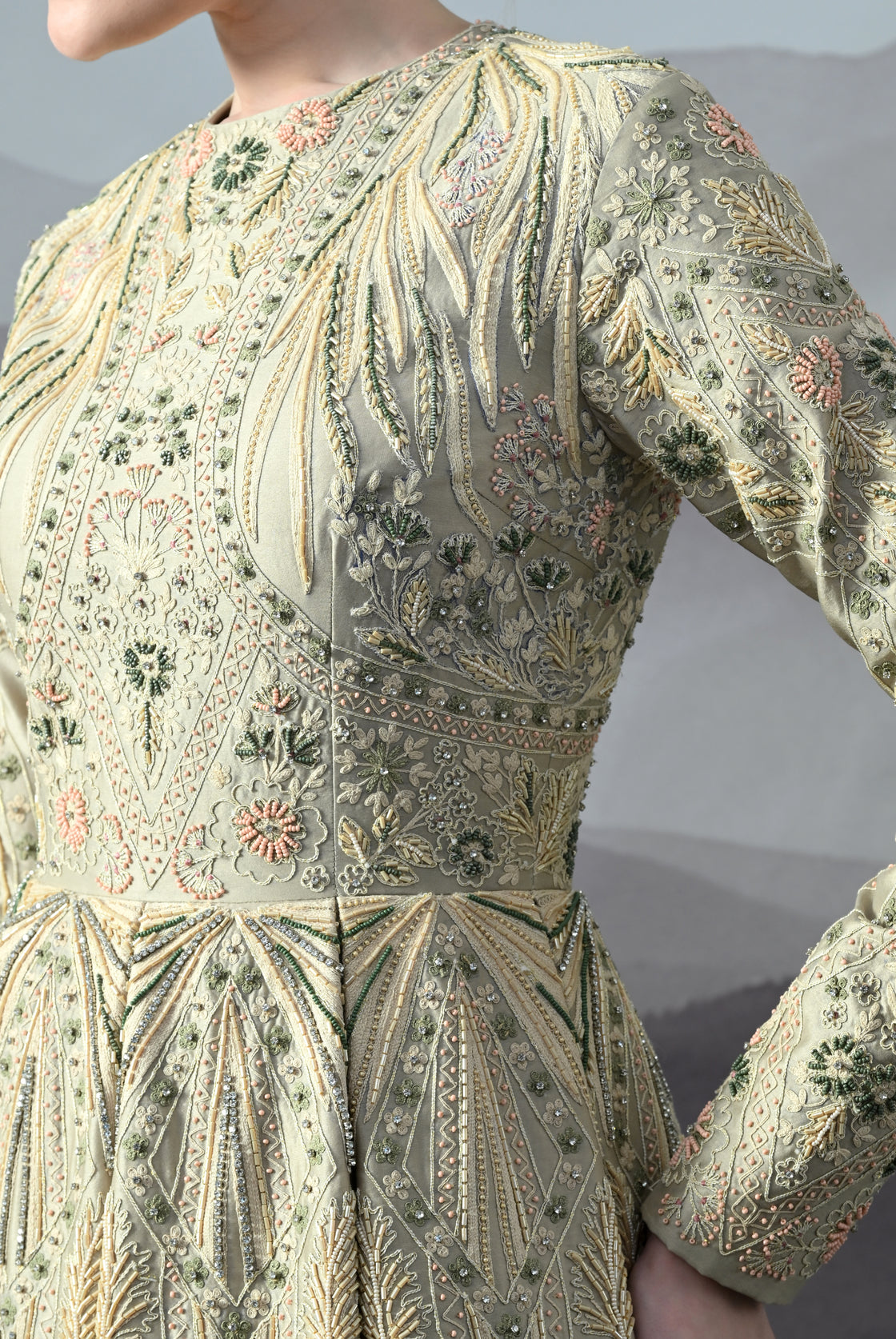 Grey Gown with Artisanal Hand Embroidery and Flared Hemline