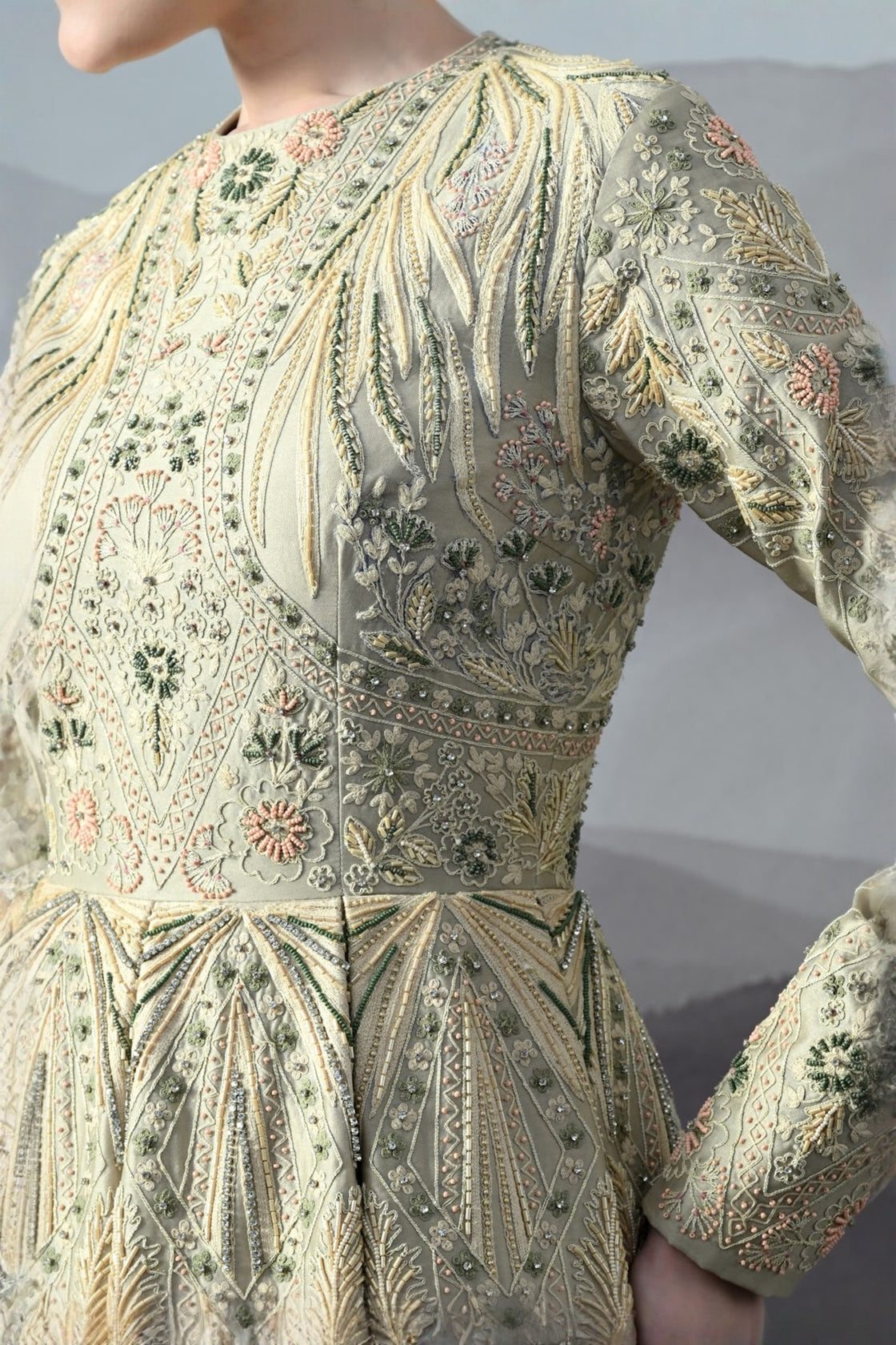 Grey Gown With Artisanal Hand Embroidery And Flared Hemline