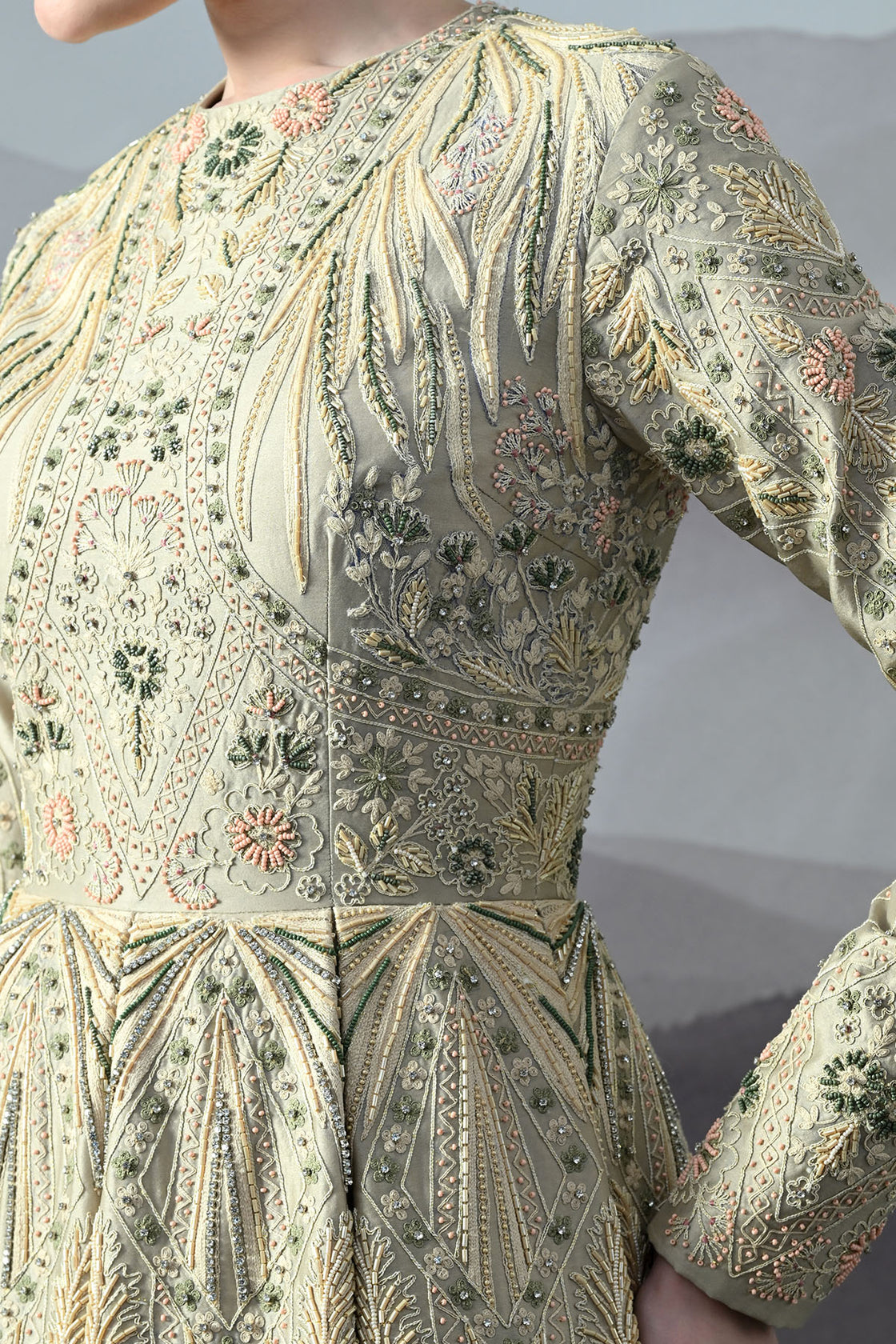 Grey Gown With Artisanal Hand Embroidery And Flared Hemline