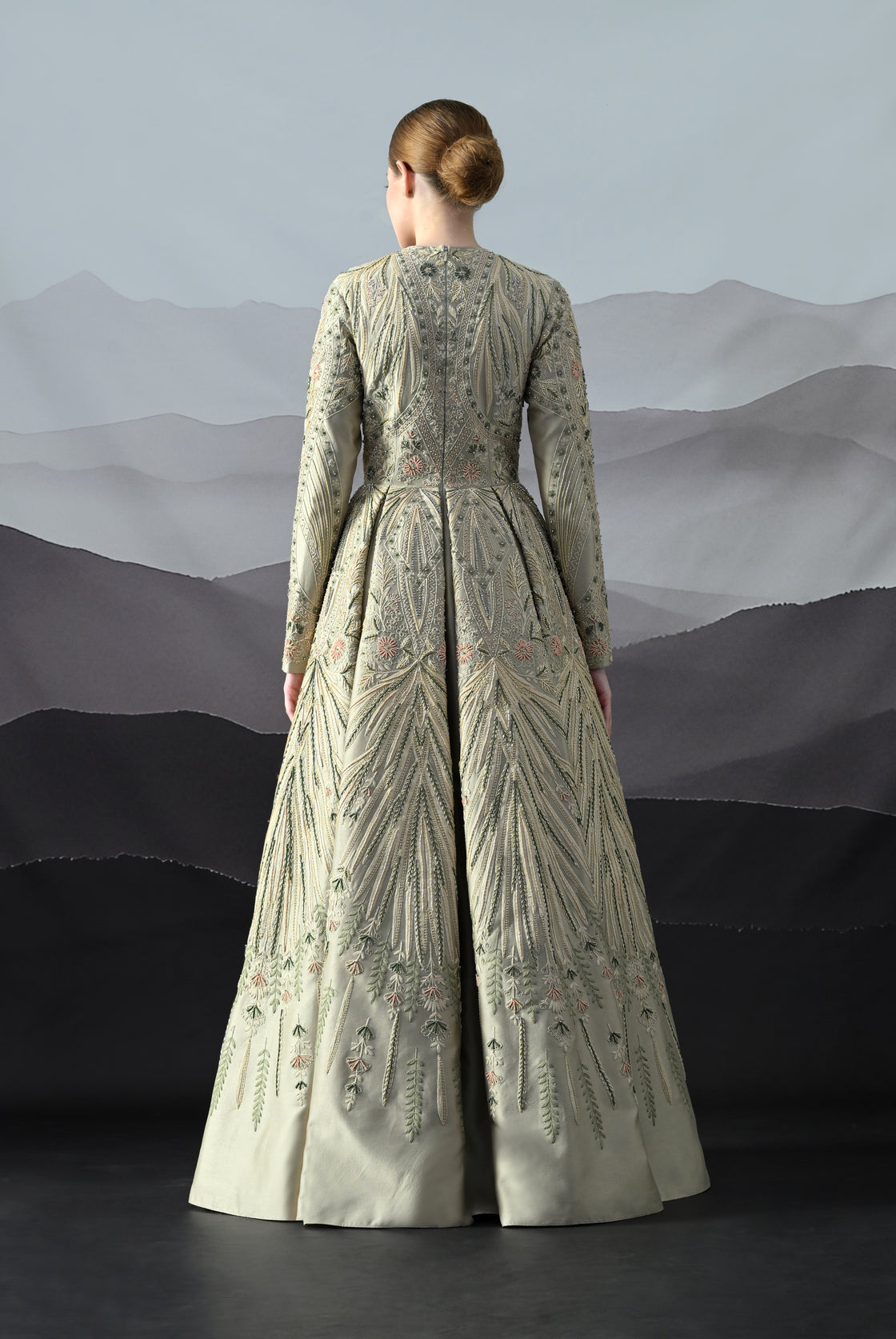 Grey Gown with Artisanal Hand Embroidery and Flared Hemline