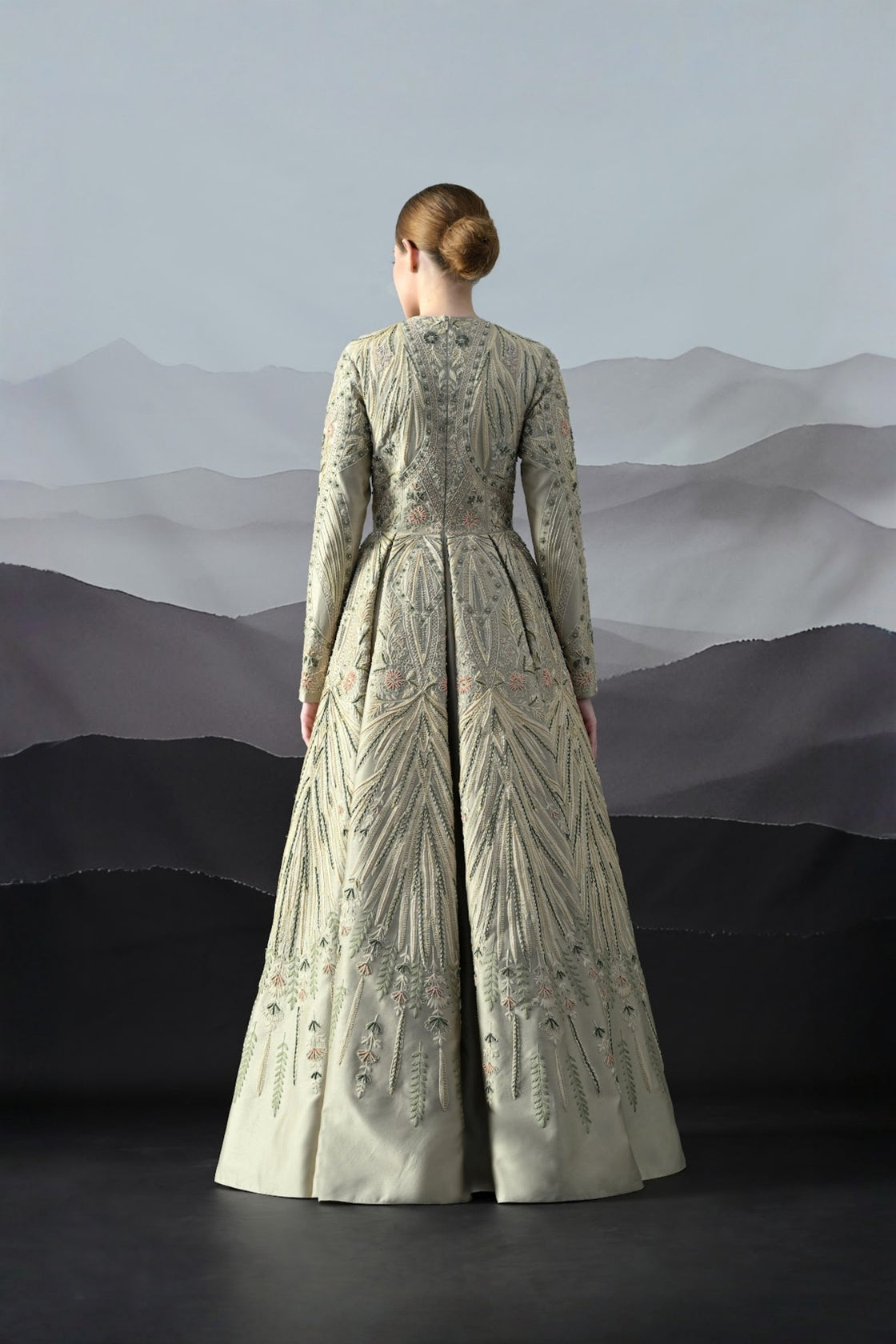 Grey Gown With Artisanal Hand Embroidery And Flared Hemline