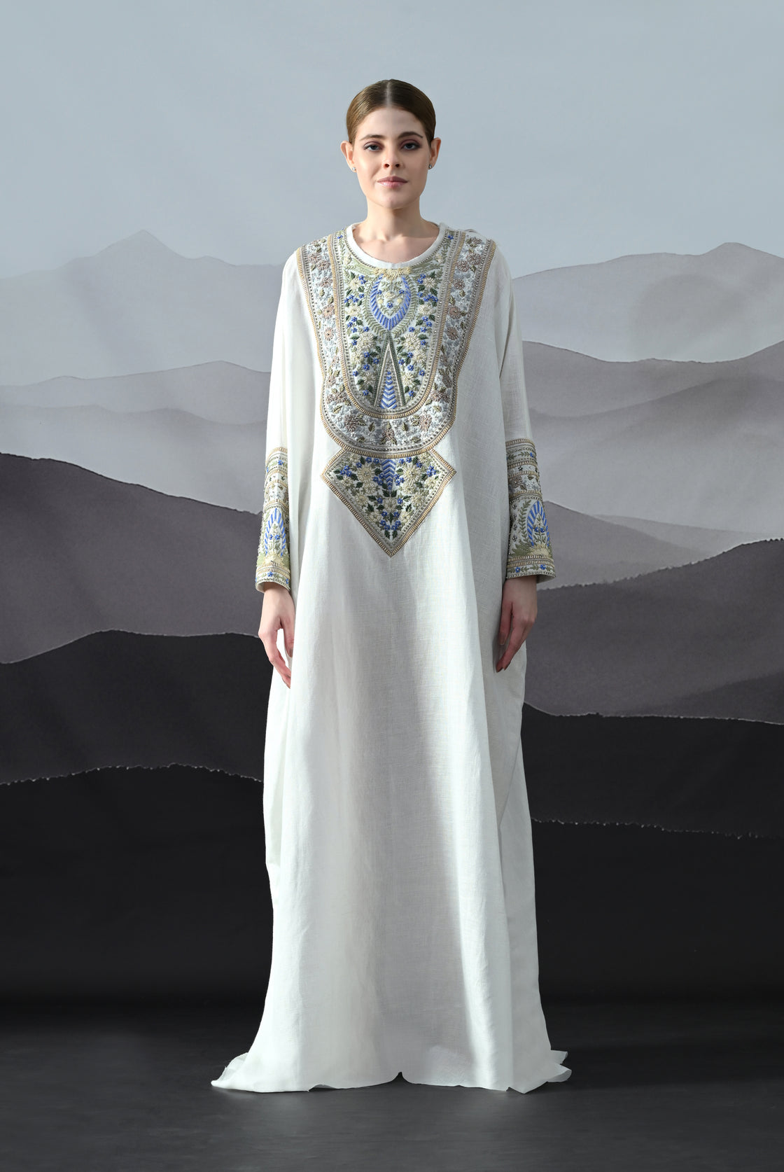 Ivory Kaftan with Handworked Motifs