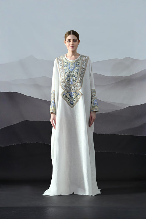 Ivory Kaftan With Handworked Motifs