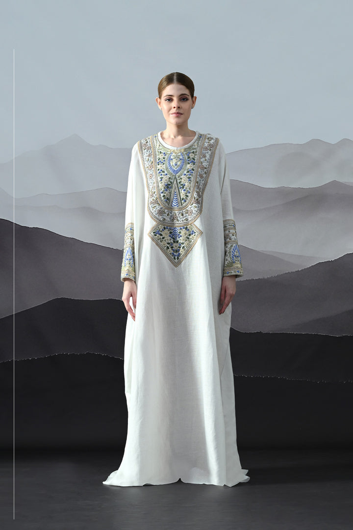 Ivory Kaftan With Handworked Motifs