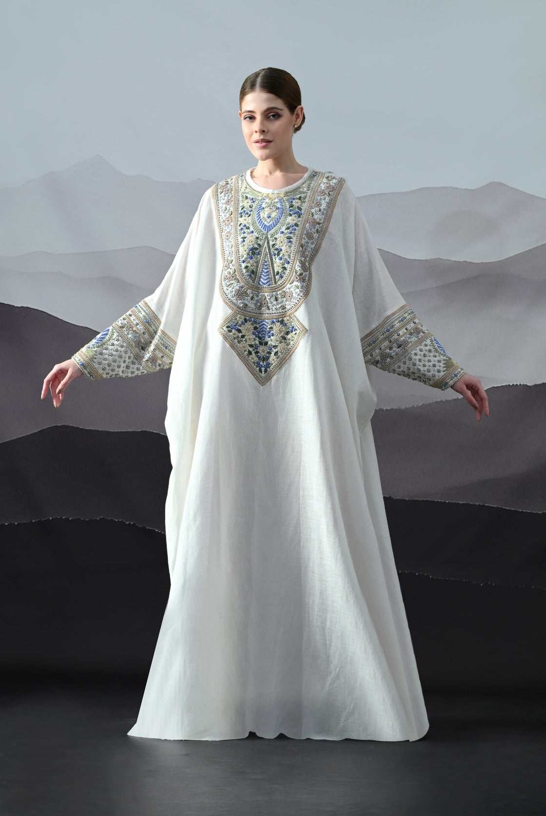 Ivory Kaftan with Handworked Motifs