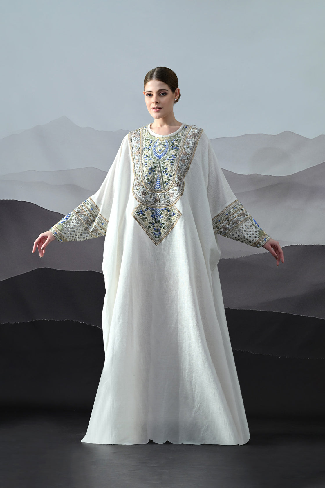 Ivory Kaftan With Handworked Motifs