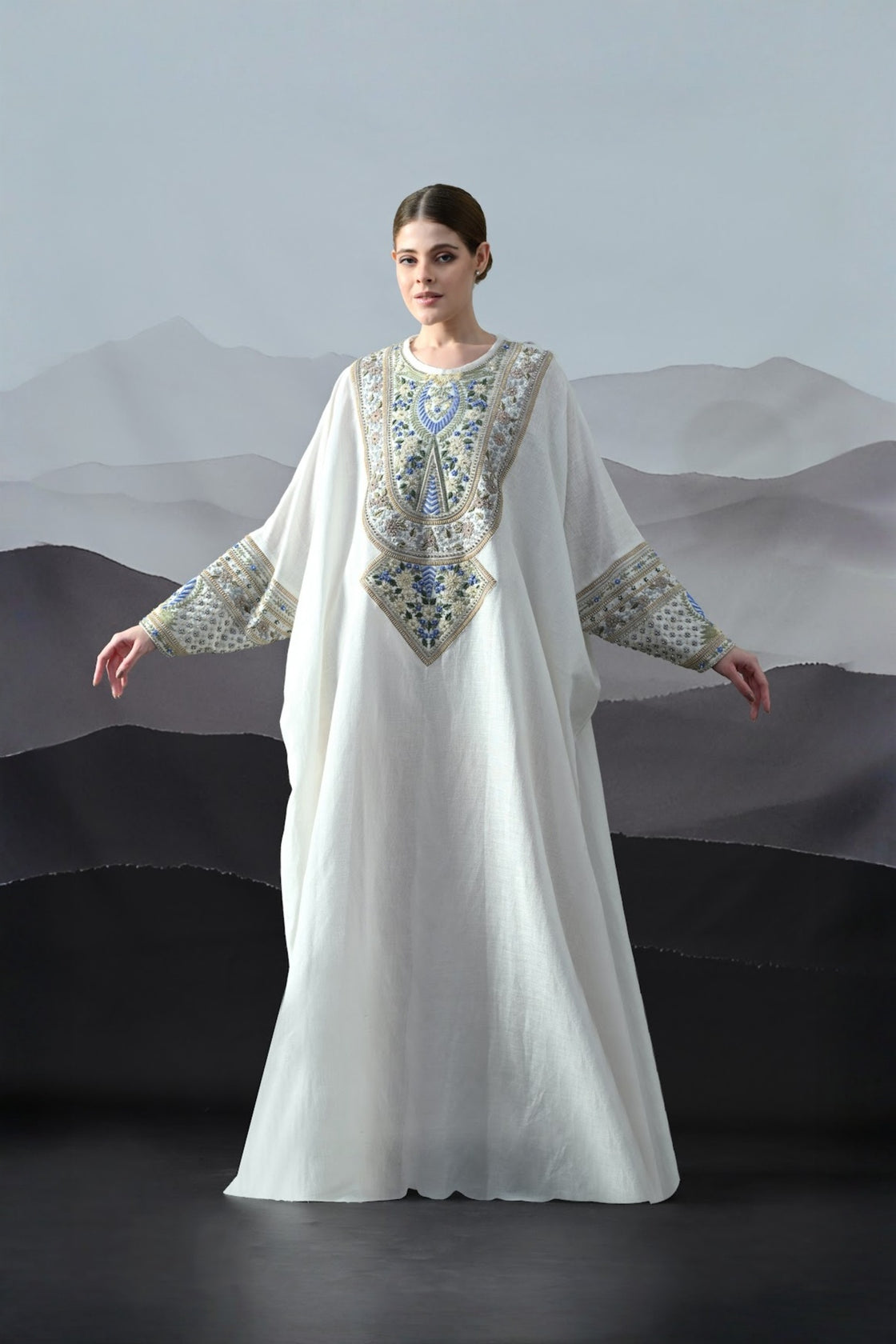 Ivory Kaftan With Handworked Motifs
