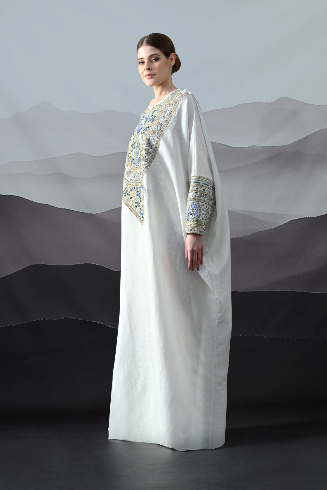 Ivory Kaftan with Handworked Motifs