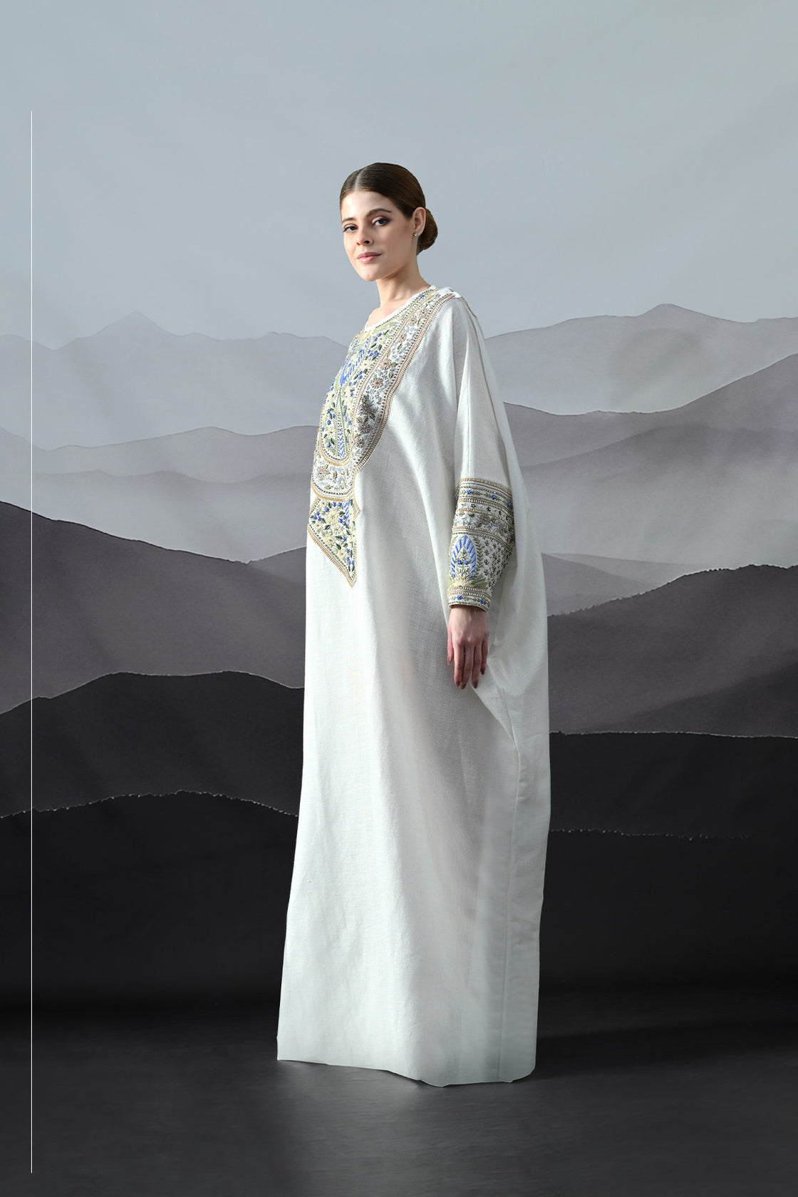 Ivory Kaftan With Handworked Motifs