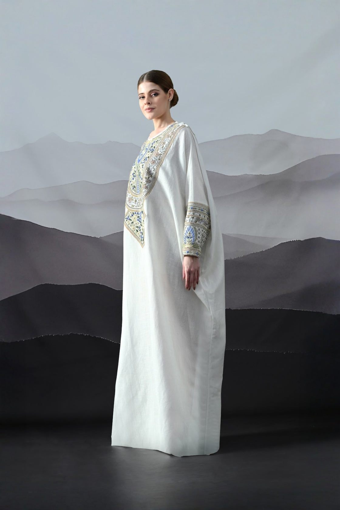 Ivory Kaftan With Handworked Motifs