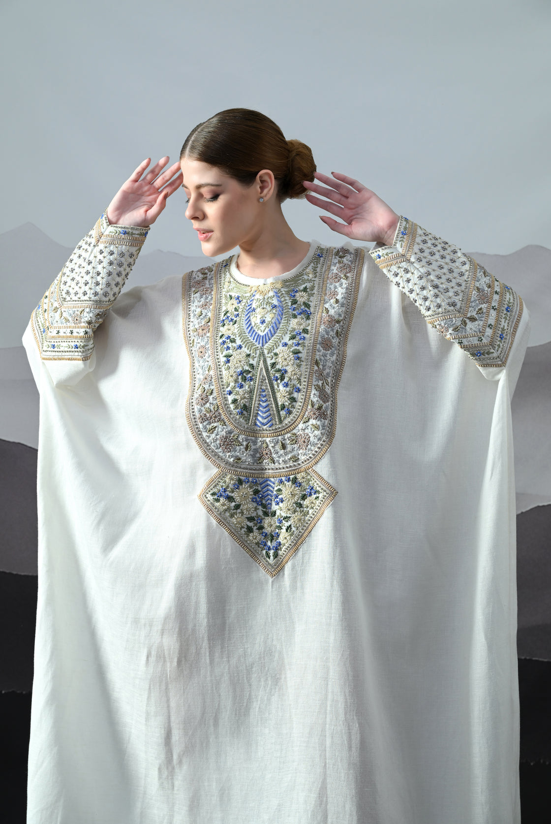 Ivory Kaftan with Handworked Motifs
