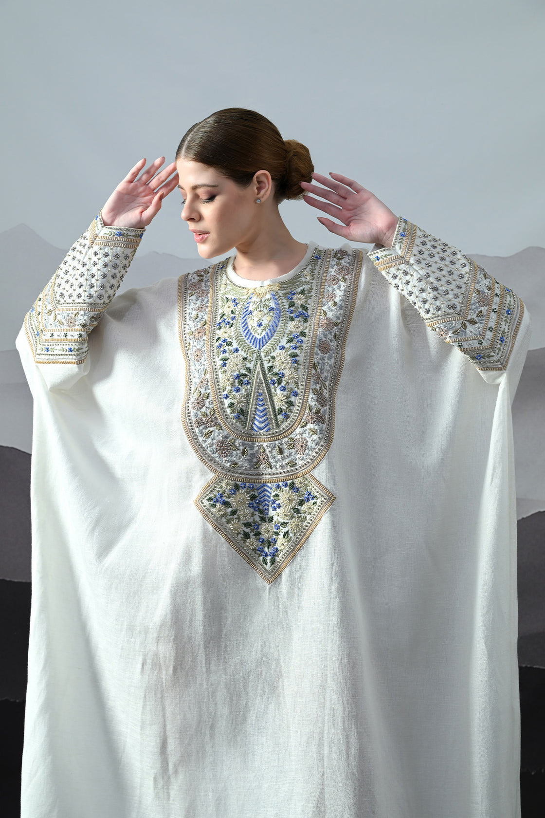 Ivory Kaftan With Handworked Motifs