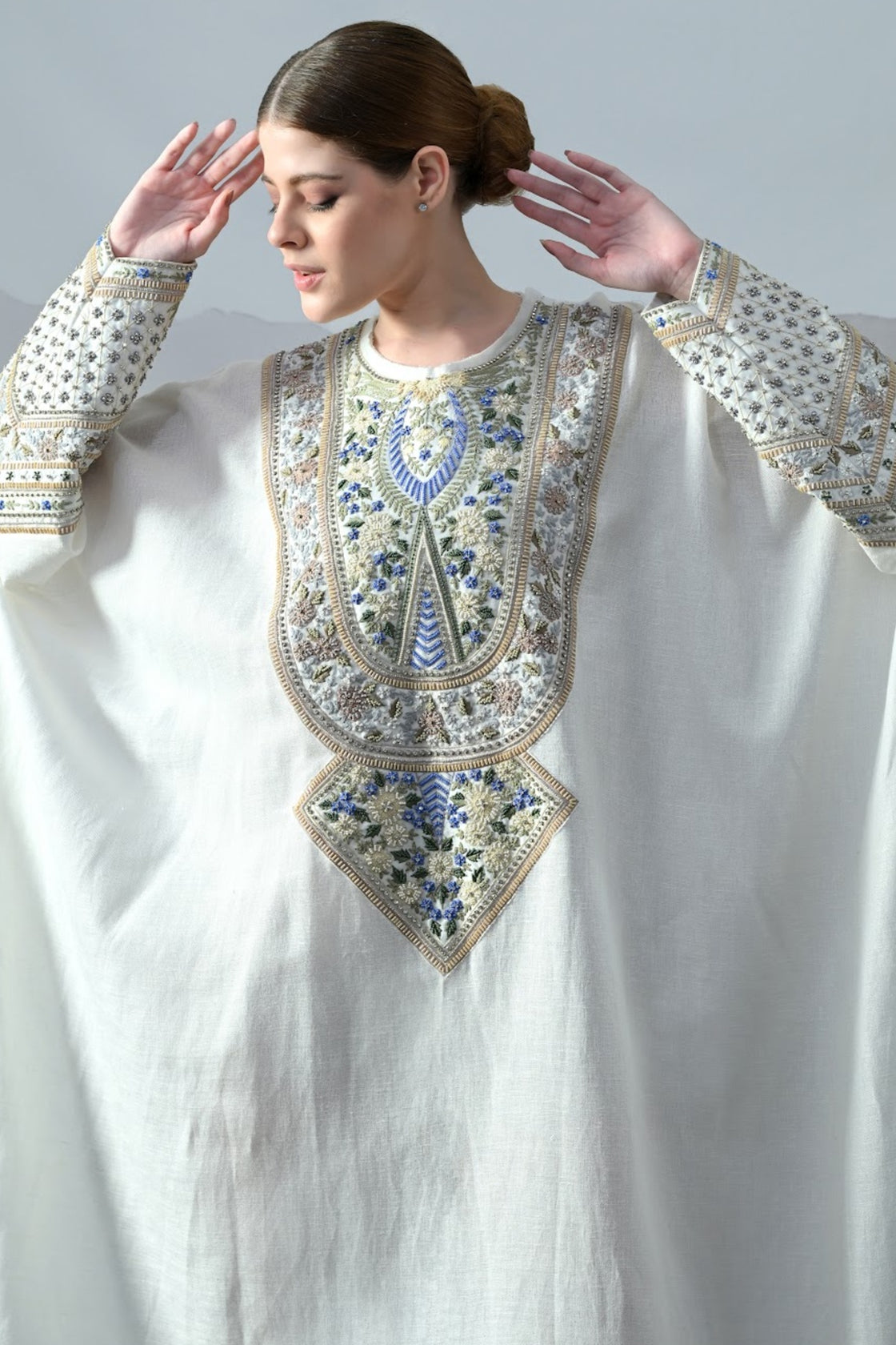 Ivory Kaftan With Handworked Motifs
