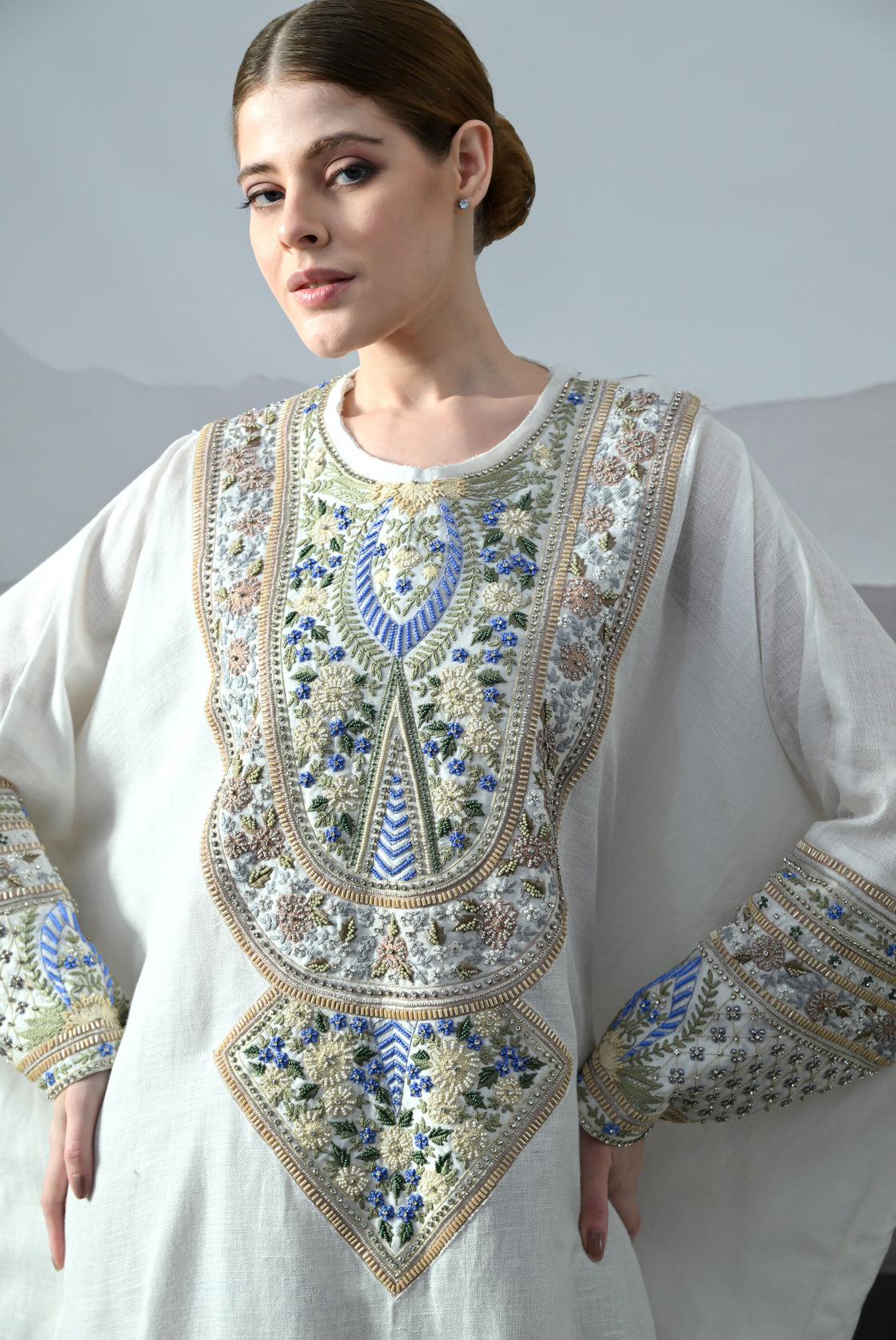 Ivory Kaftan with Handworked Motifs