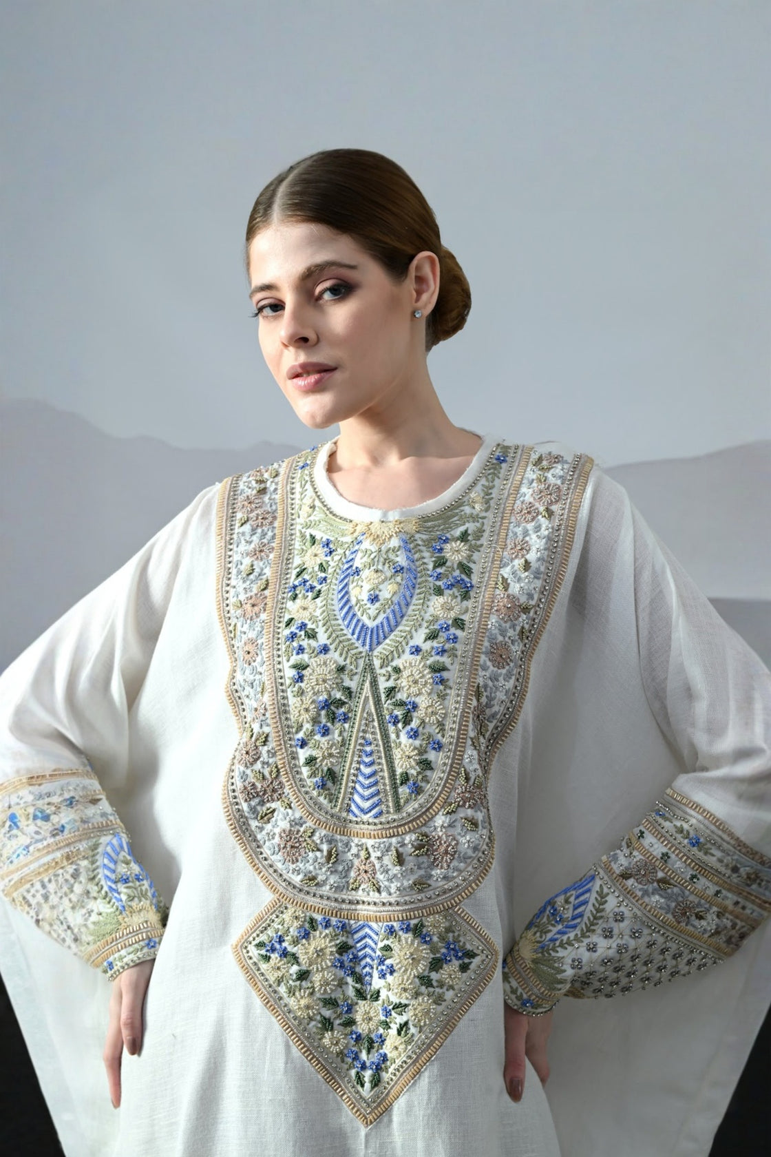 Ivory Kaftan With Handworked Motifs