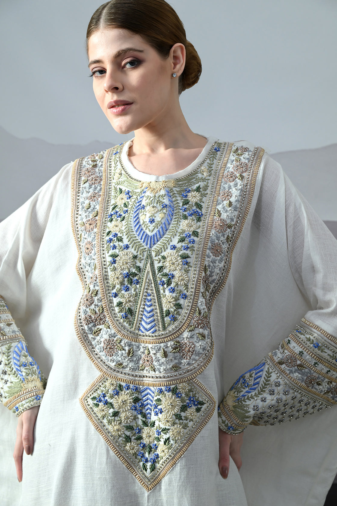 Ivory Kaftan With Handworked Motifs
