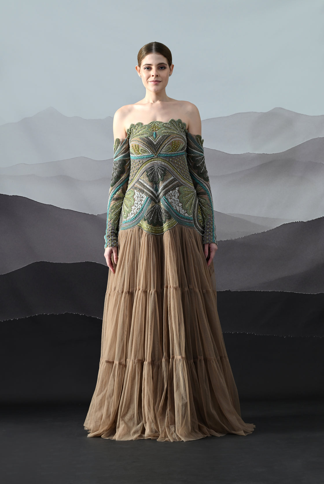 Off-Shoulder Gown with Hand-Embroidered Foliage Motifs and Tiered Ghera
