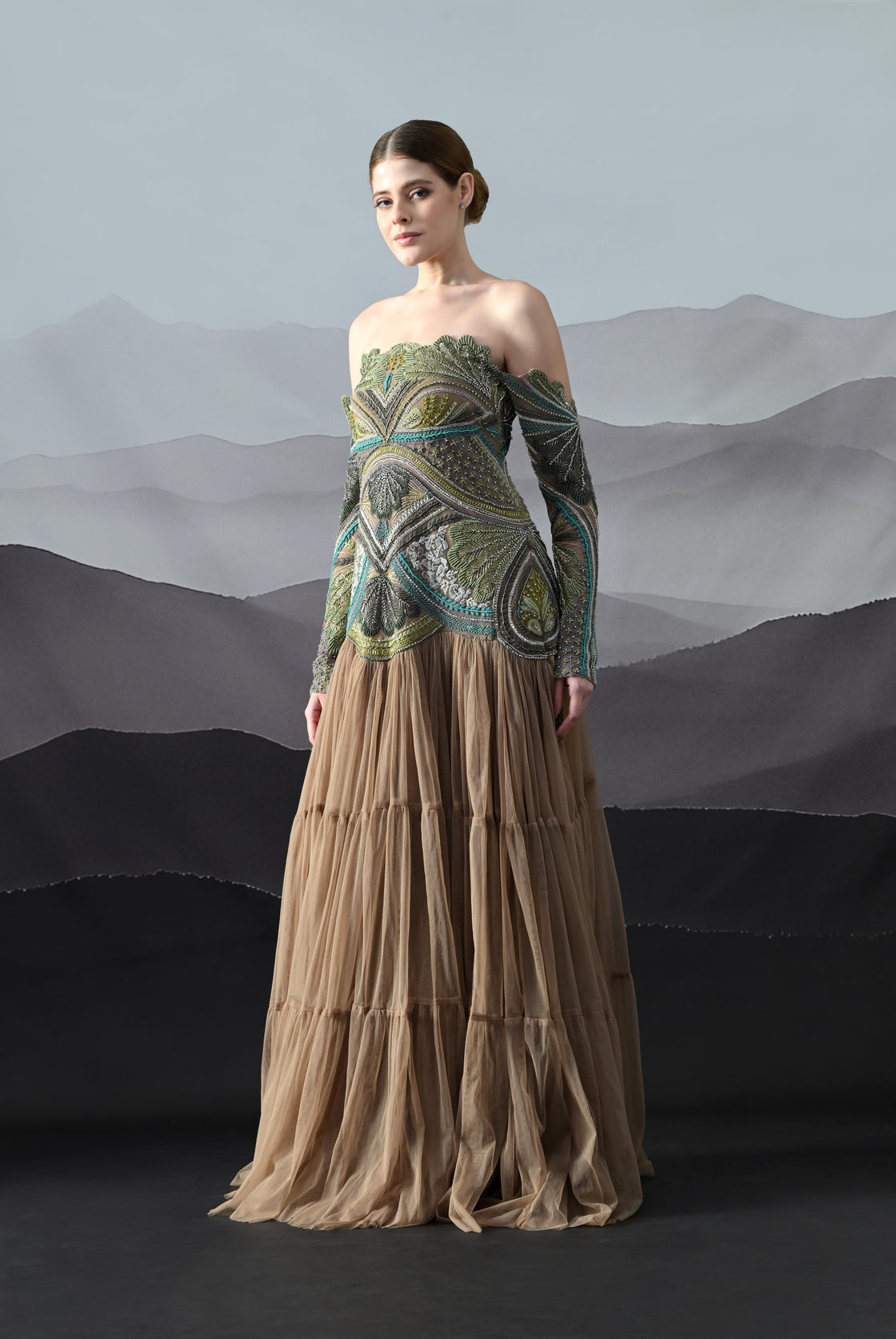 Off-Shoulder Gown with Hand-Embroidered Foliage Motifs and Tiered Ghera