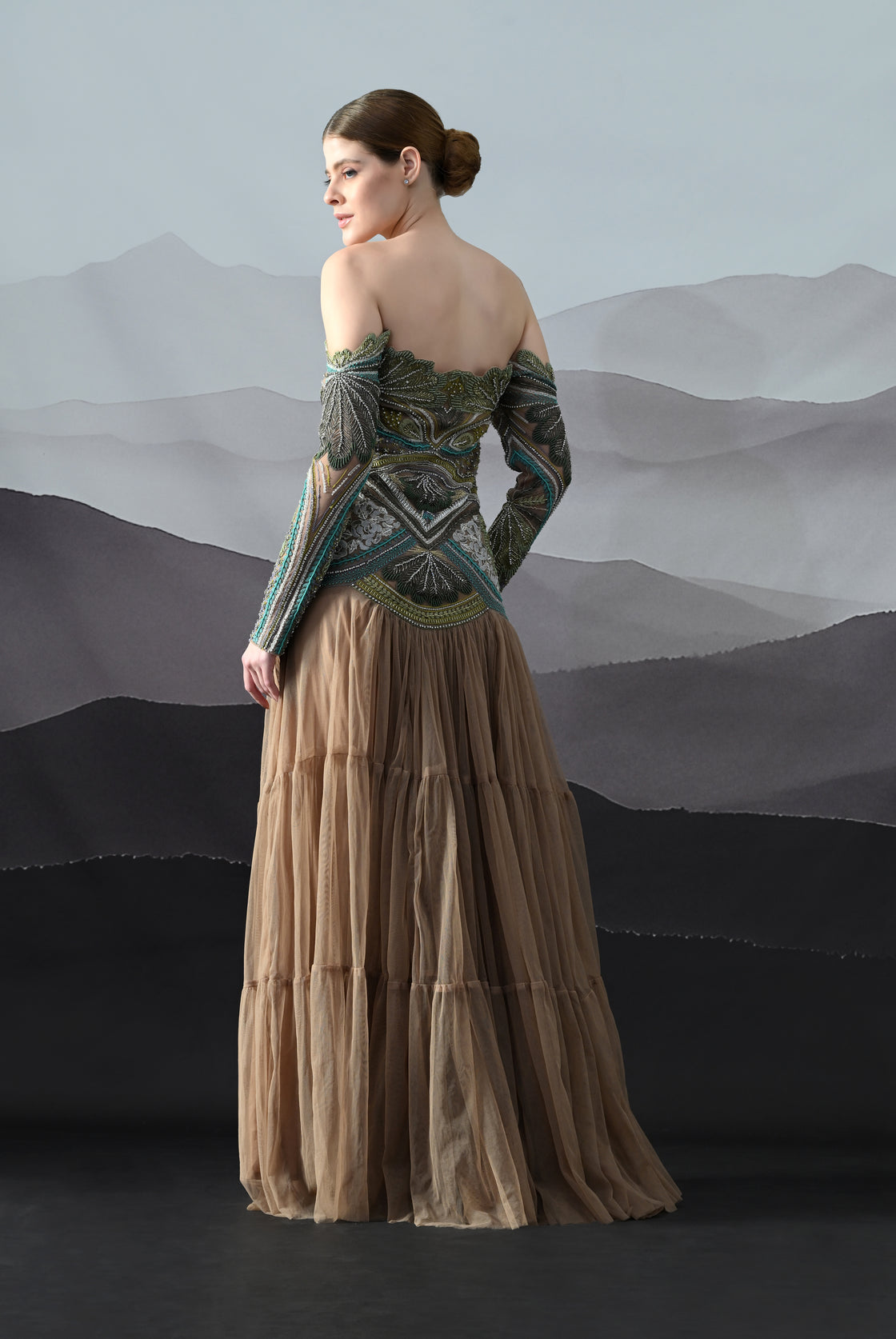 Off-Shoulder Gown with Hand-Embroidered Foliage Motifs and Tiered Ghera