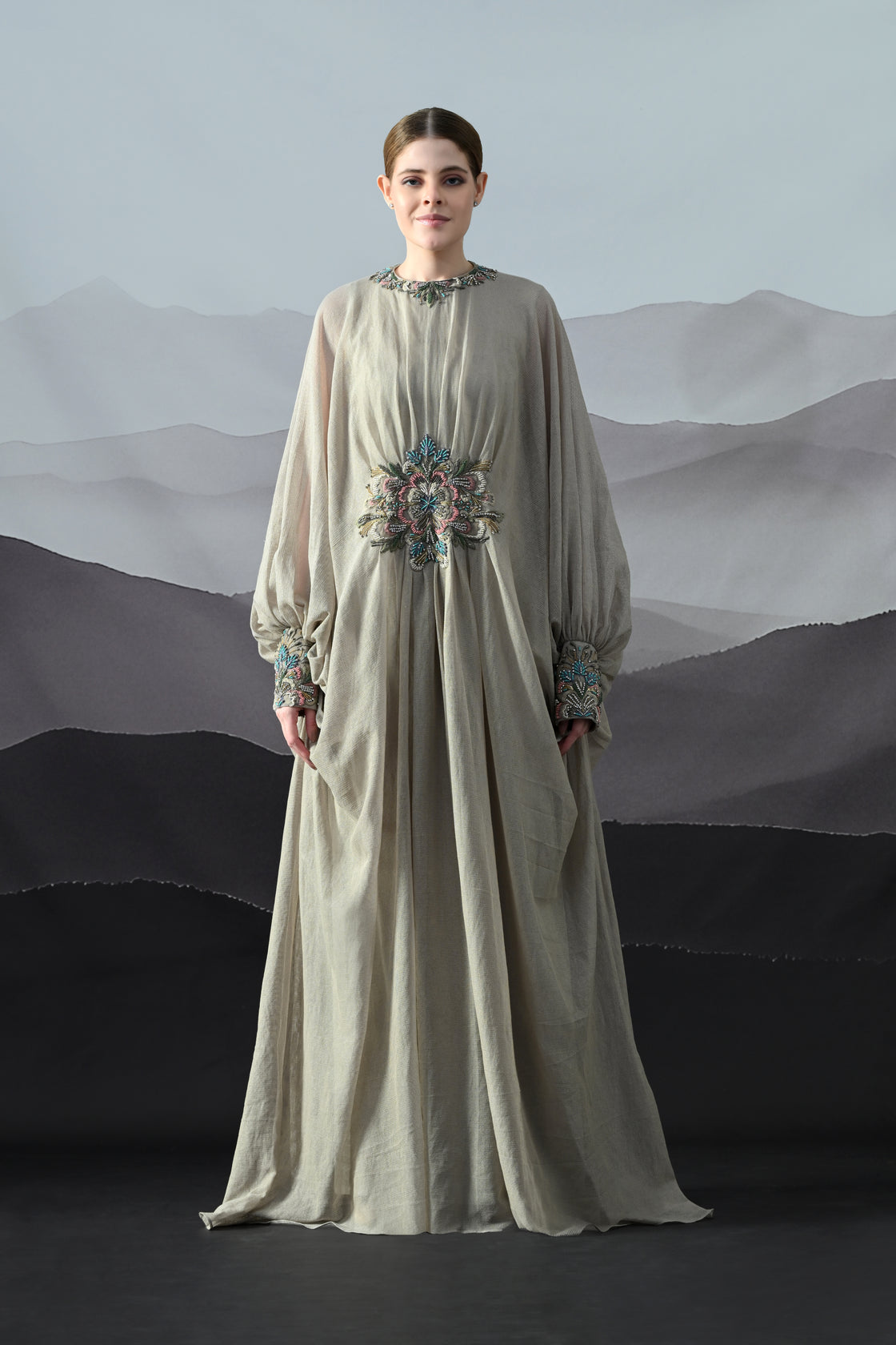 Beige Kaftan with Hand-Embroidered Motif and Soft Gathered Volume