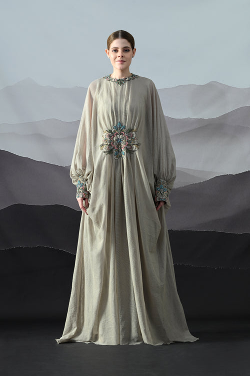 Beige Kaftan with Hand-Embroidered Motif and Soft Gathered Volume
